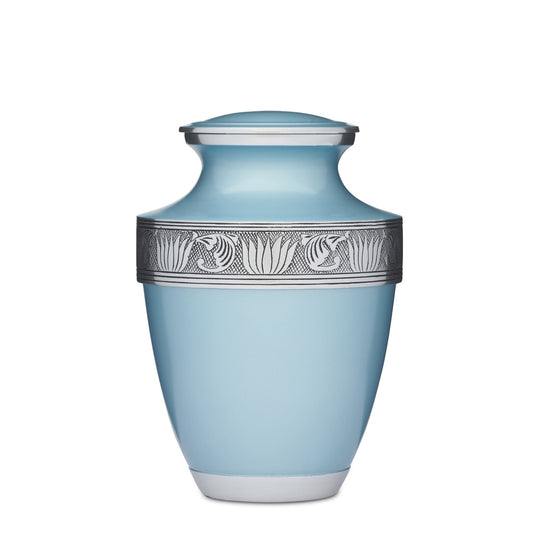 Teal Alloy Urn - Teal Cremation Urn with silver floral band, crafted from durable alloy for a timeless memorial piece.