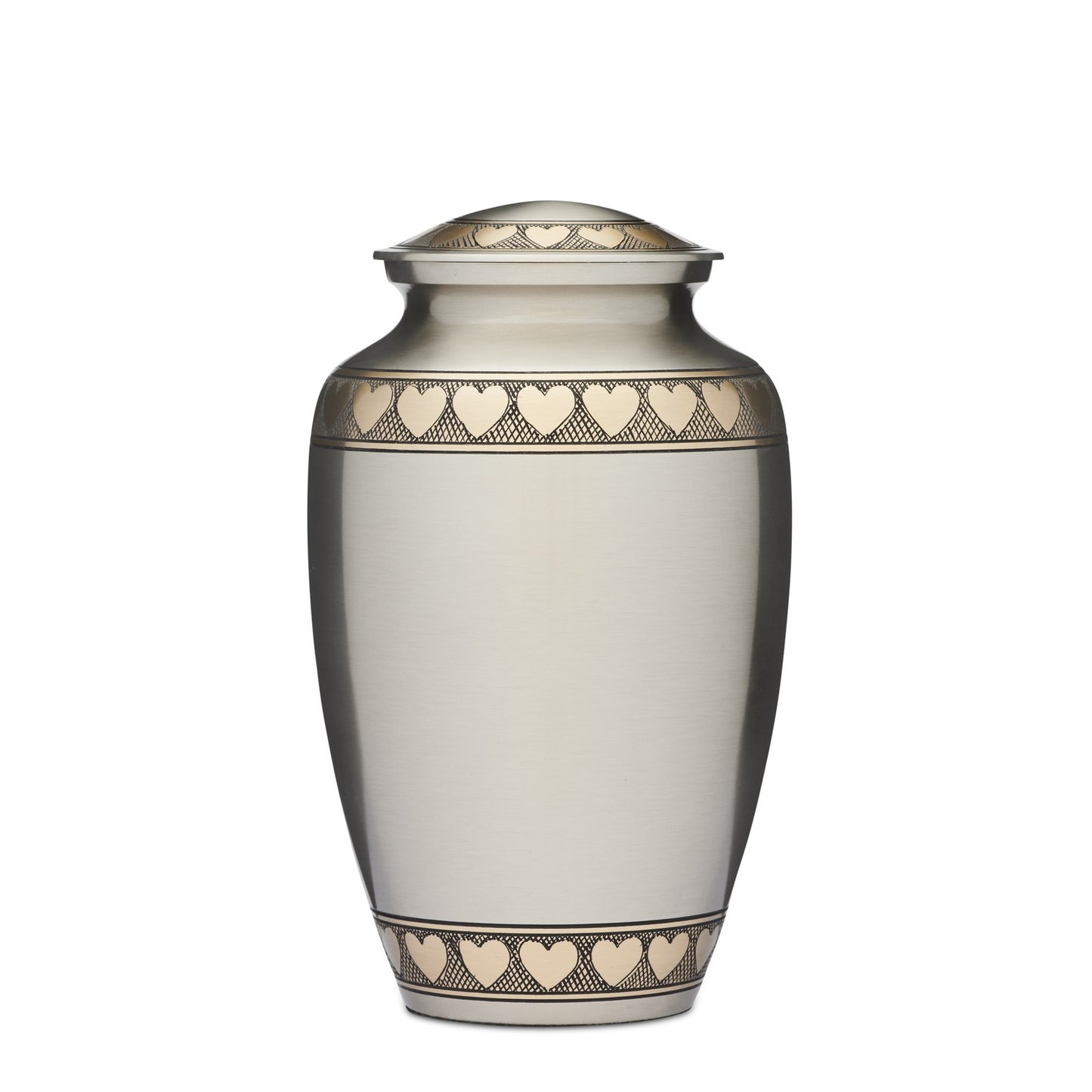 Golden Hearts cremation urn from the Golden Hearts - Jewelry Collection | Stylish Accessories. Features gold heart accents on brushed silver finish.