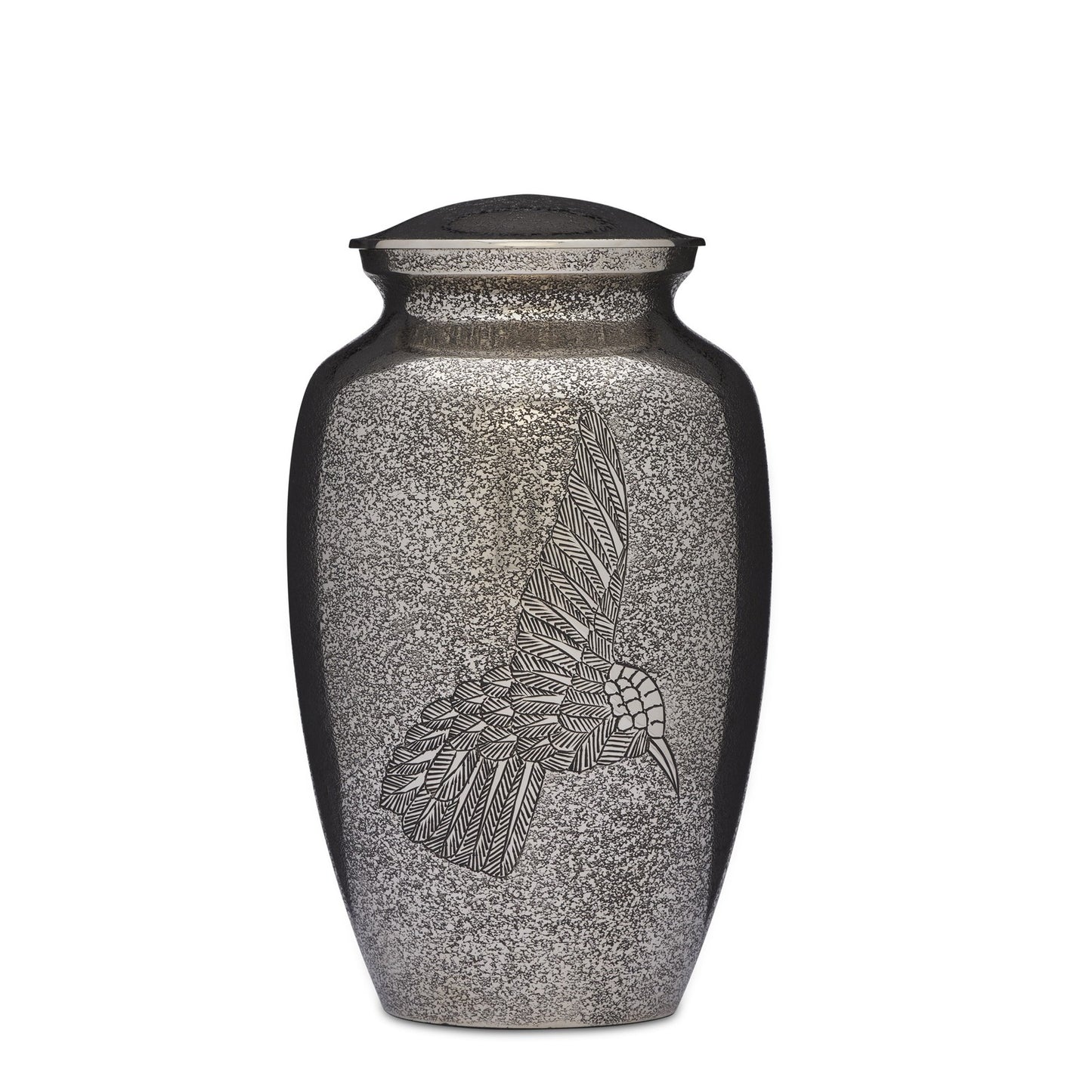 Hummingbird Nickel Urn Adult - Elegant Cremation Urn with engraved hummingbird design on a speckled nickel finish. Ideal for adult memorials.