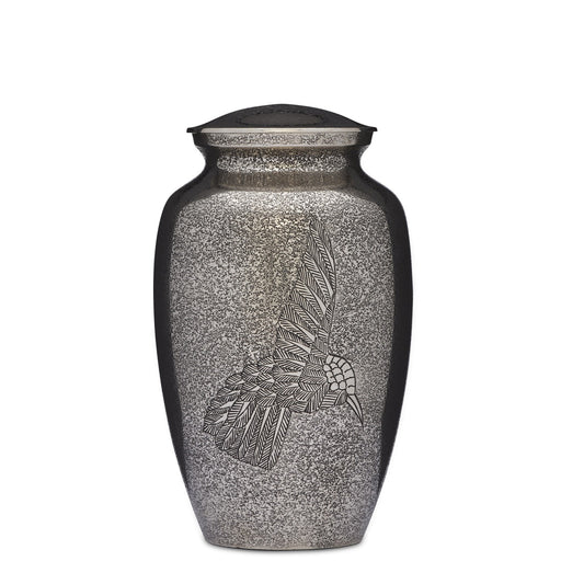 Hummingbird Nickel Urn Adult - Elegant Cremation Urn with engraved hummingbird design on a speckled nickel finish. Ideal for adult memorials.