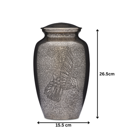 Hummingbird Nickel Urn Adult - Elegant Cremation Urn measuring 26.5cm tall and 15.5cm wide, featuring a detailed hummingbird motif on nickel.