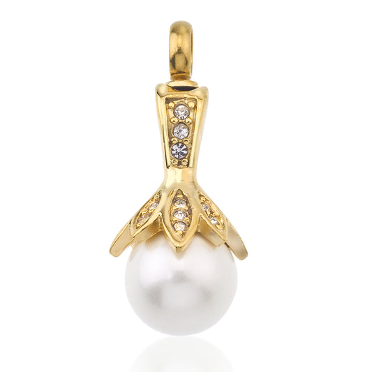 Pearl Flower Pendant - Elegant Design | Stunning Gift Idea featuring a white pearl drop with gold floral cap adorned with sparkling crystals.