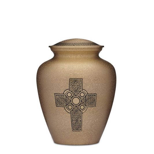 Gold Cross Urn Adult with hammered finish and intricate Celtic cross design. A durable and elegant memorial urn for honoring loved ones.