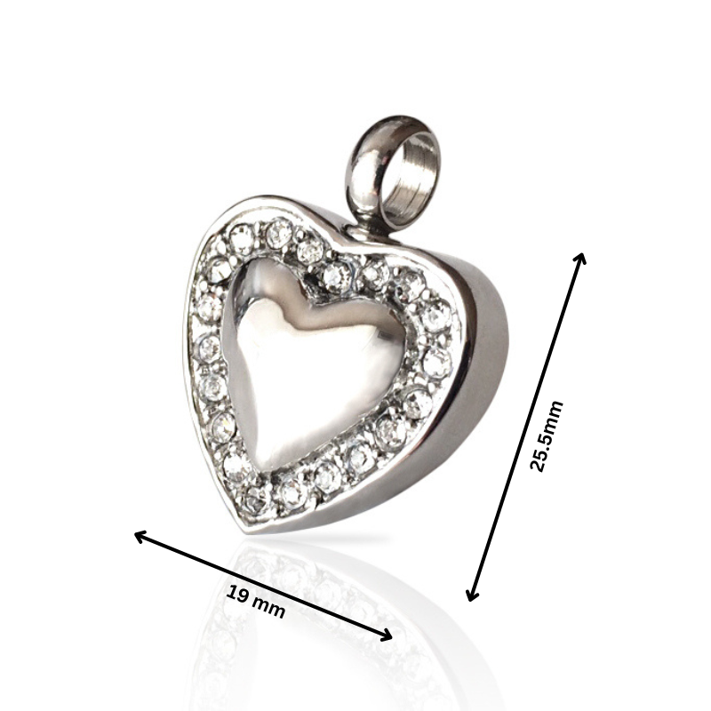 Sweet Heart Silver Tone - Silver Heart Necklace pendant measuring 25.5mm by 19mm, featuring sparkling crystals and a sleek silver-tone design.