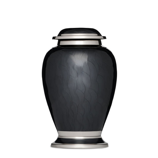 Black Enamel and Silver Urn with elegant silver trim and wave pattern finish. A refined resting place for memorial purposes.
