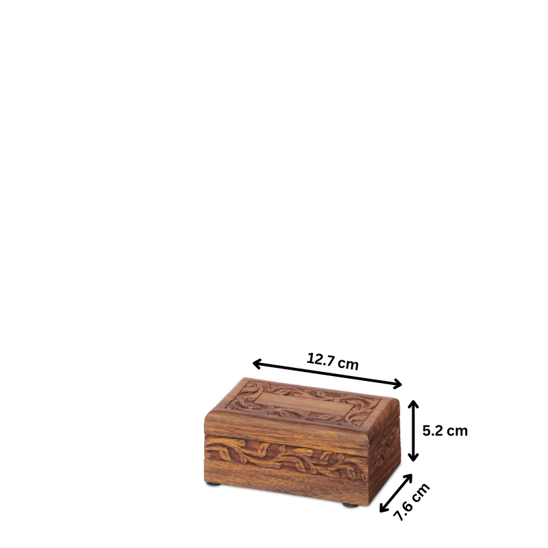 Carved Rosewood Box - Extra Small | Elegant Storage shown with dimensions 12.7 cm x 7.6 cm x 5.2 cm, perfect for organizing small personal items.