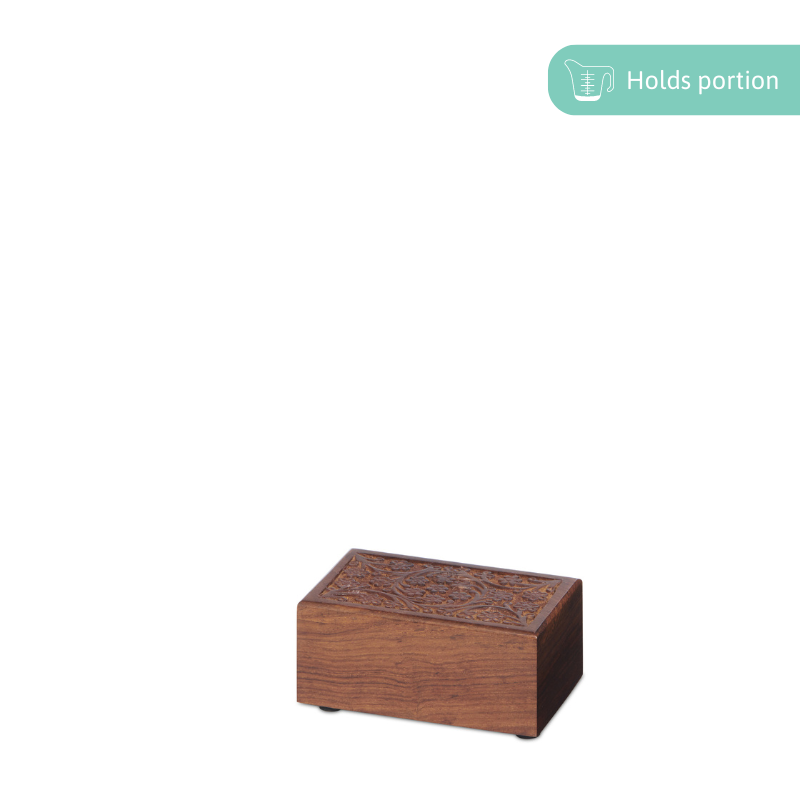 Carved Floral Tribute Box - Extra Small Tribute Box with intricate floral design, ideal for storing keepsakes or a portion of ashes.