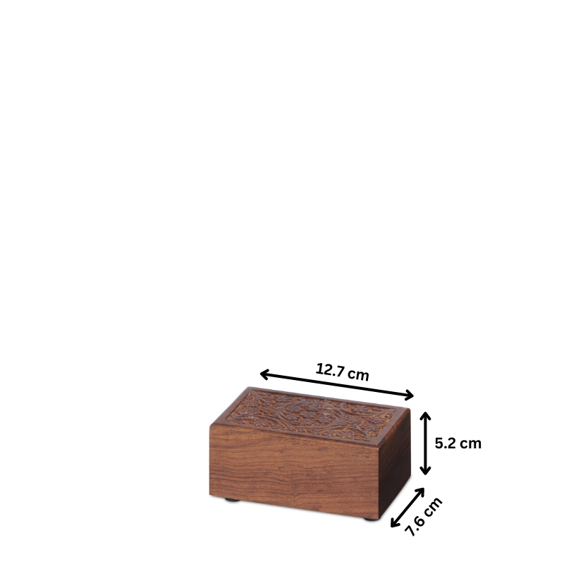 Extra small carved floral tribute box measuring 12.7 x 7.6 x 5.2 cm, perfect for elegant memorial storage or keepsake preservation.