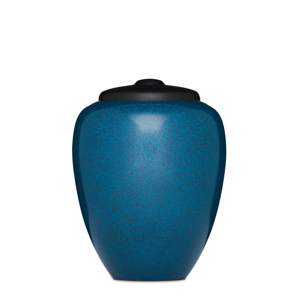 Mottled Blue Adult Urn - Elegant Cremation Urn with a speckled blue finish and smooth black lid, ideal for preserving ashes with dignity.
