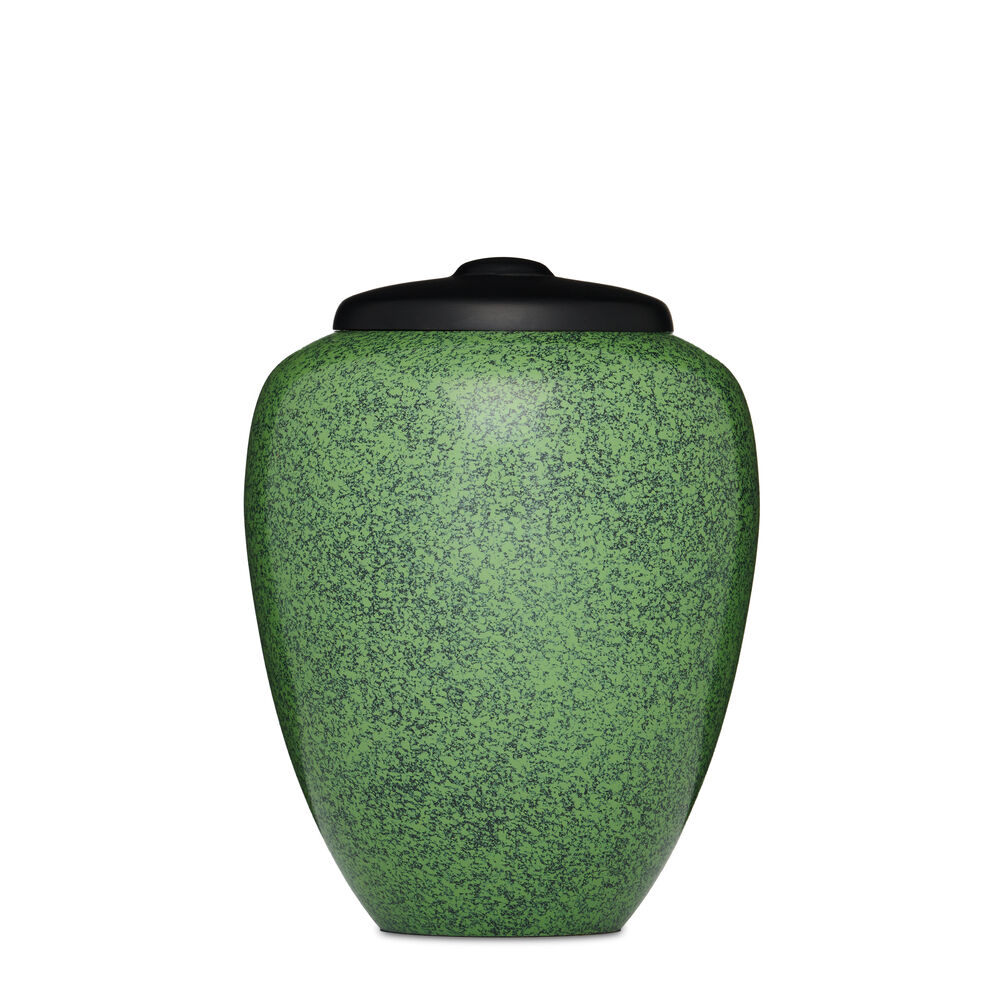 Mottled Green Urn for Adults with black lid, ideal for funeral keepsake and memorial use. Elegant design for preserving loved ones’ ashes.