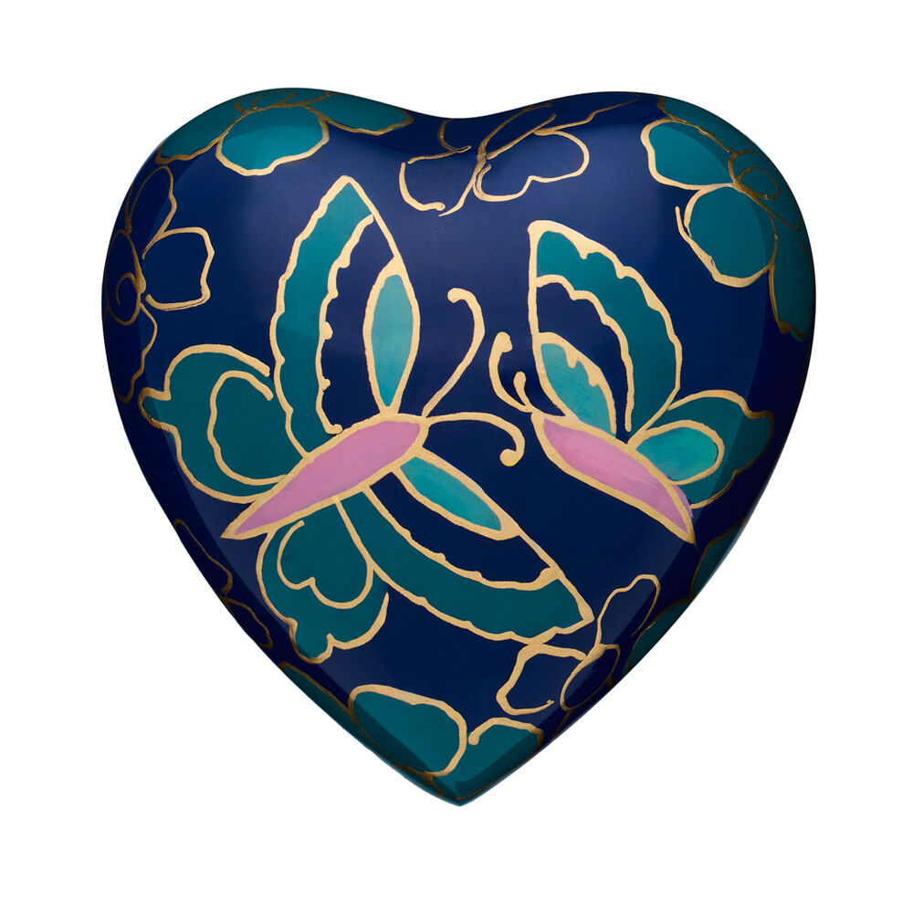 Azure Butterfly Heart Jewelry featuring a deep blue heart with gold-outlined butterflies and floral accents, ideal as a unique elegant gift.