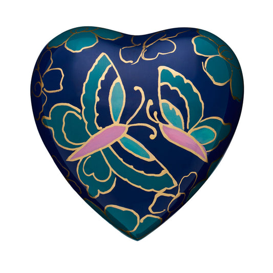 Azure Butterfly Heart Jewelry featuring a deep blue heart with gold-outlined butterflies and floral accents, ideal as a unique elegant gift.