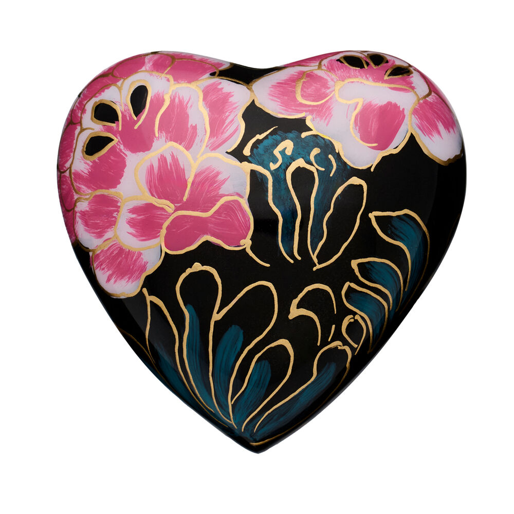 Midnight Peony Heart brooch from the Midnight Peony Jewelry collection featuring hand-painted pink flowers with gold accents on a black heart base.