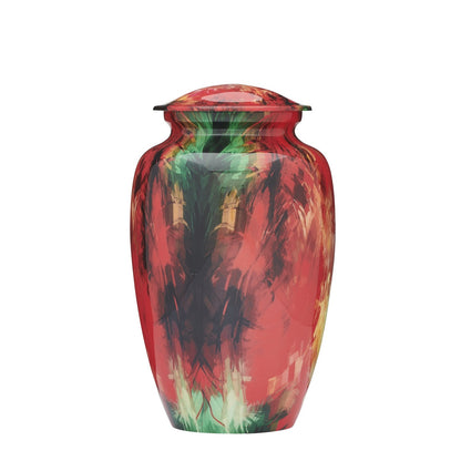 Modern Red Adult Urn with abstract brushstroke design in red, green, and black tones. Elegant memorial urn crafted for adult ashes.