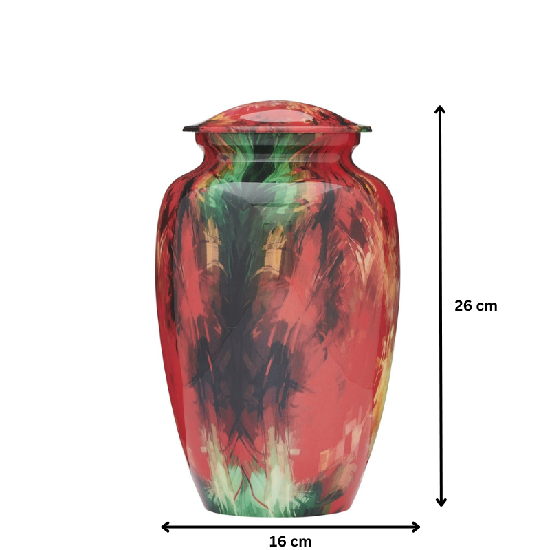 Modern Red Adult Urn measuring 26 cm tall and 16 cm wide, featuring a vivid brushstroke pattern. Ideal for dignified memorials.