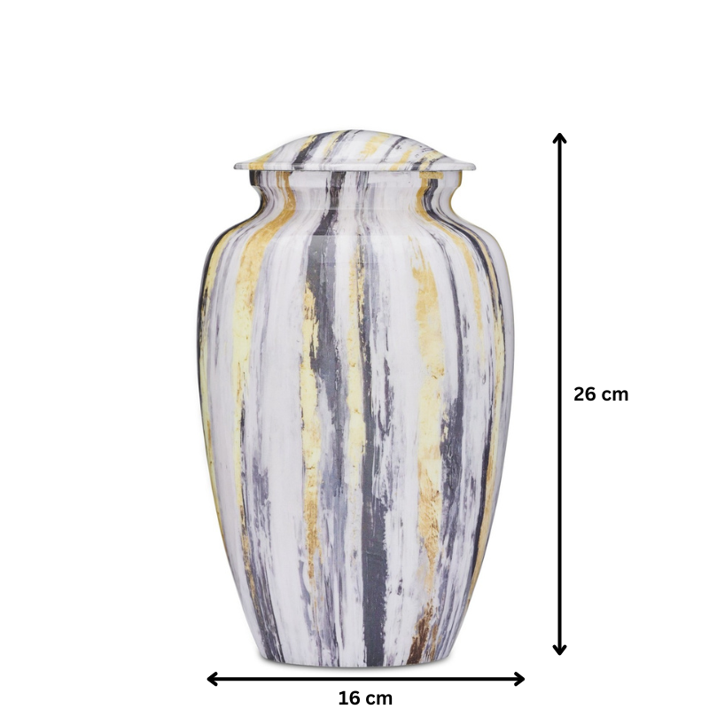Grey Gold Adult Urn measuring 26 cm tall and 16 cm wide, featuring modern grey and gold strokes for a refined and timeless remembrance piece.