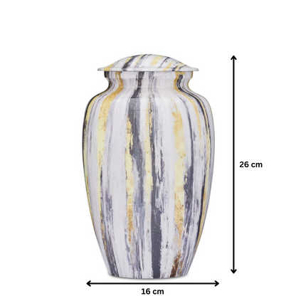 Grey Gold Adult Urn measuring 26 cm tall and 16 cm wide, featuring modern grey and gold strokes for a refined and timeless remembrance piece.