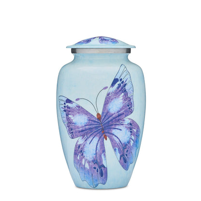 Butterfly Adult Urn - Elegant Blue Memorial with a vivid purple butterfly design on a soft blue background. Crafted for durability and beauty.