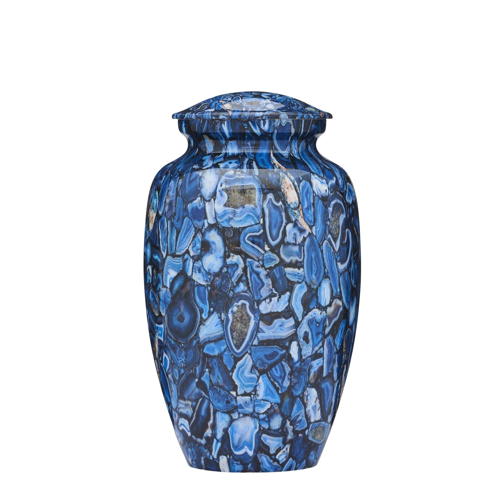 Blue Opal Adult Urn with modern design featuring a glossy, marbled blue pattern. Elegant and durable for respectful memorials.