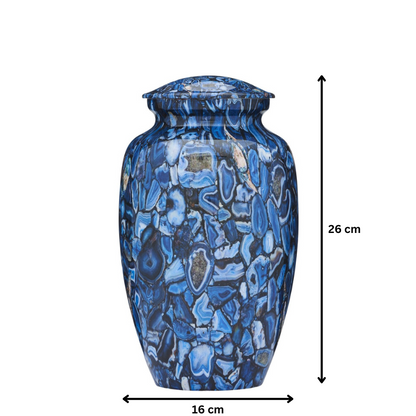 Blue Opal Adult Urn measuring 26 cm tall and 16 cm wide, showcasing a modern marbled design ideal for elegant memorials.