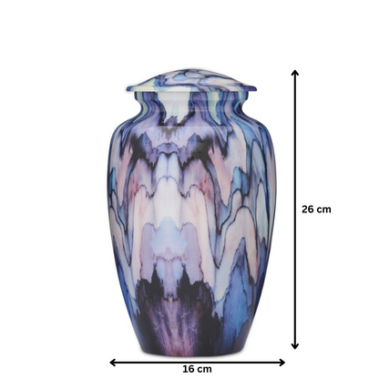 Modern Blue Abstract Adult Urn measuring 26 cm tall and 16 cm wide. Features a marbled blue and purple finish for a modern memorial.