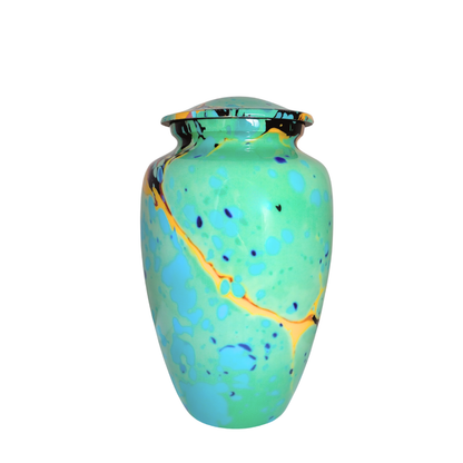 Green Abstract Adult Urn - Unique Memorial Vessel with vibrant turquoise base and splashes of orange, blue, and black for a modern tribute.