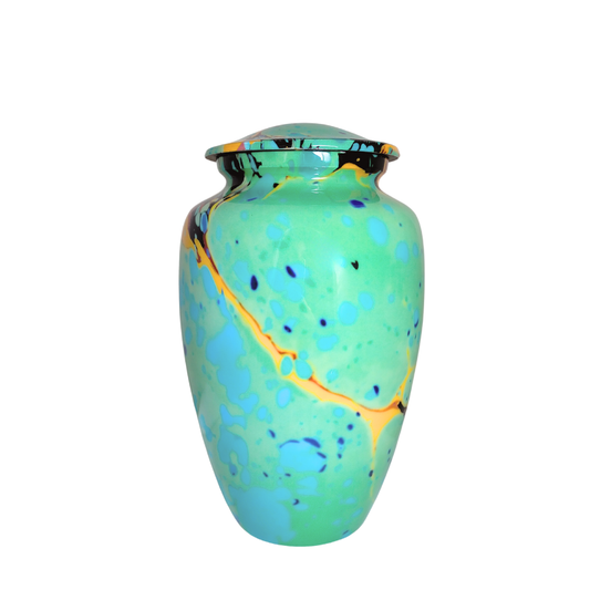 Green Abstract Adult Urn - Unique Memorial Vessel with vibrant turquoise base and splashes of orange, blue, and black for a modern tribute.