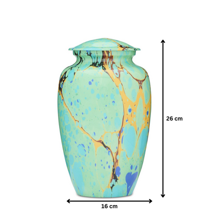 Green Abstract Adult Urn - Unique Memorial Vessel measuring 26 cm tall and 16 cm wide, featuring a colorful marbled design for a distinctive memorial.