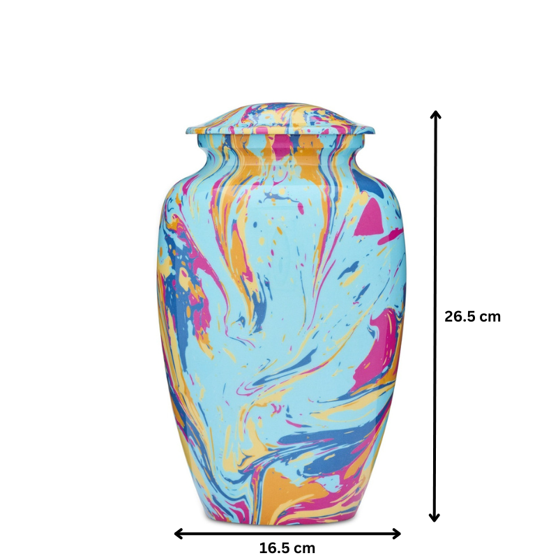 Modern multi-colour abstract adult urn measuring 26.5 cm tall and 16.5 cm wide. Stylish and vibrant design for honoring loved ones.