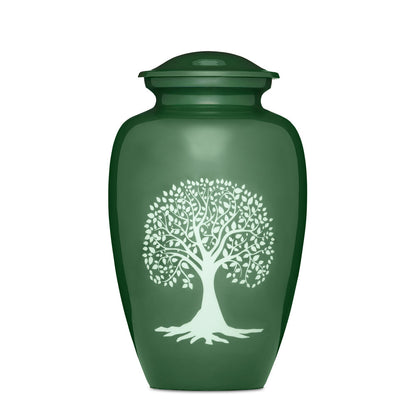 Green adult urn with elegant Tree of Life design, featuring large capacity for ashes. Ideal for a dignified memorial display or burial.