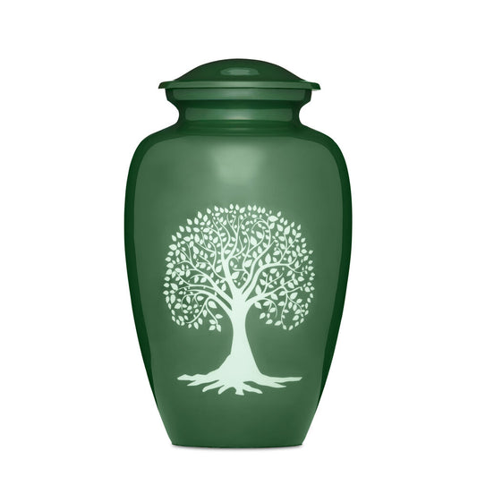 Green adult urn with elegant Tree of Life design, featuring large capacity for ashes. Ideal for a dignified memorial display or burial.