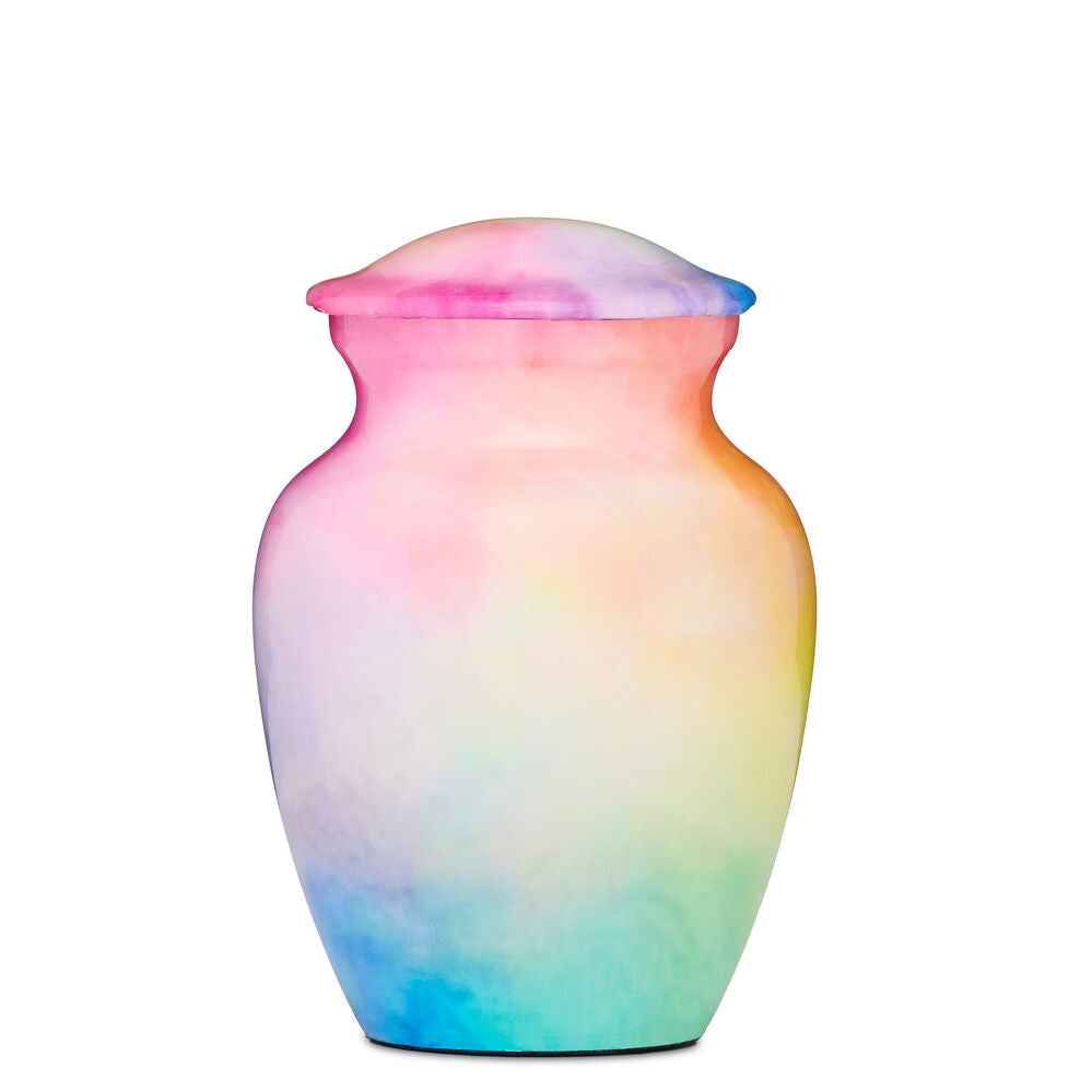 Rainbow Watercolour Alloy Urn with soft pastel hues in pink, blue, and yellow. Small size ideal for memorial keepsakes or tribute displays.