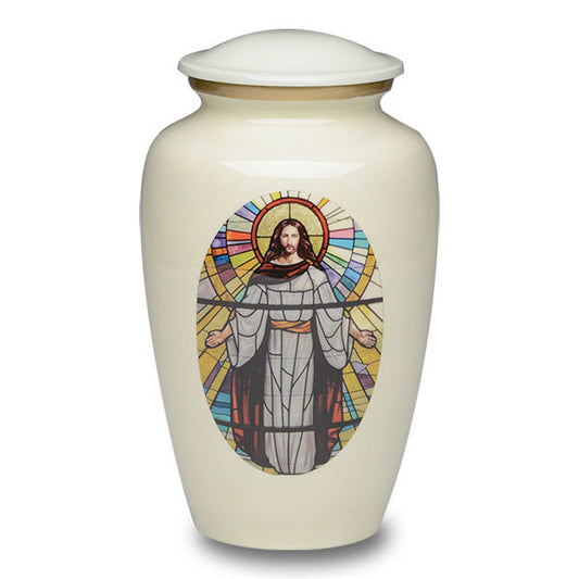 White cremation urn with Jesus in stained glass design, featuring elegant curves and a serene religious tribute. Ideal for memorial keepsakes.