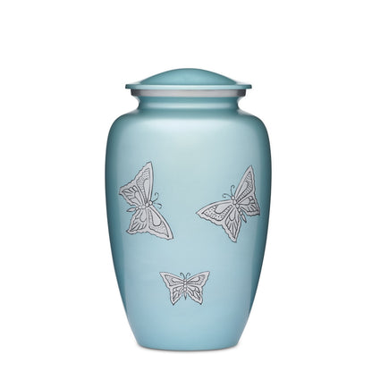 Teal Butterflies Urn for adult ashes with elegant butterfly engravings. A serene cremation storage solution in soft teal finish for memorial purposes.