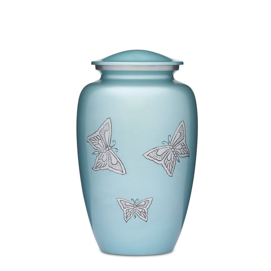 Teal Butterflies Urn for adult ashes with elegant butterfly engravings. A serene cremation storage solution in soft teal finish for memorial purposes.