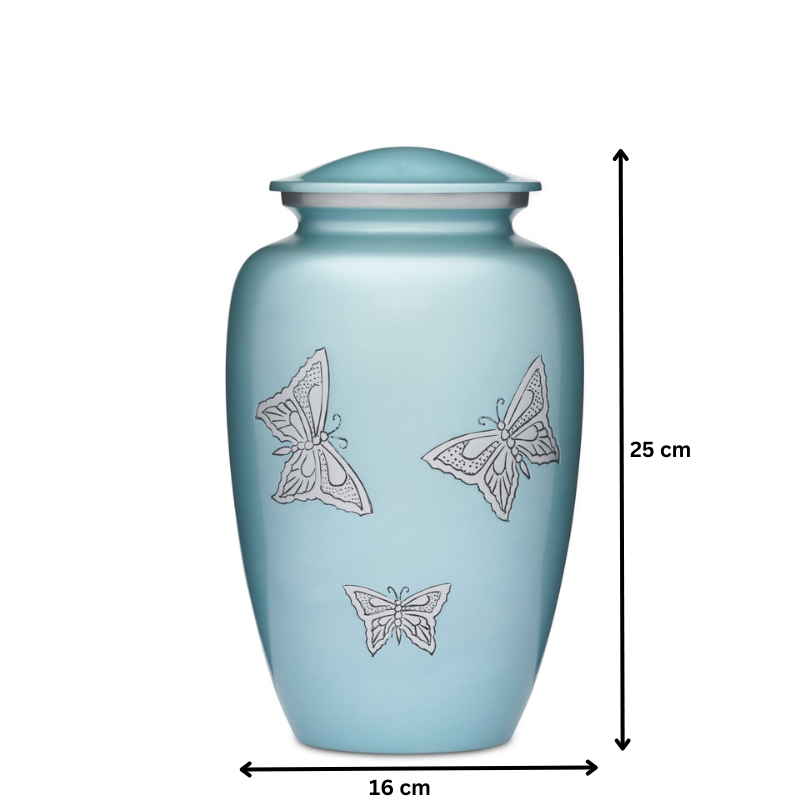 Teal Butterflies Urn | Elegant Cremation Storage, 25 cm tall and 16 cm wide. Features delicate butterfly motifs on a smooth teal surface for adult ashes.