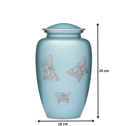 Teal Butterflies Urn | Elegant Cremation Storage, 25 cm tall and 16 cm wide. Features delicate butterfly motifs on a smooth teal surface for adult ashes.