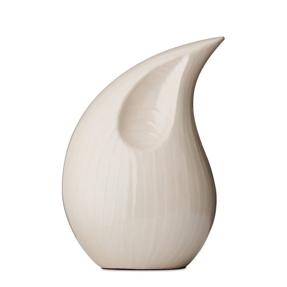Avenya Teardrop Urn Large Adult - Elegant Memorial with smooth cream finish and modern curved design. Durable ceramic urn for dignified remembrance.