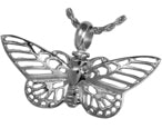 Cremation Jewellery Butterfly pendant in silver with intricate wing cutouts. Elegant butterfly cremation jewelry for honoring loved ones.