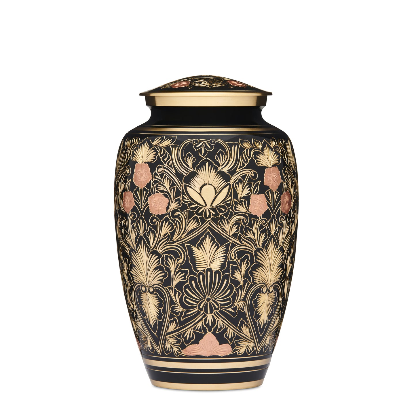 Copper Flowers - Copper Flower Decor | Elegant Home Accents featuring a black and gold urn with intricate copper floral patterns for stylish interiors.