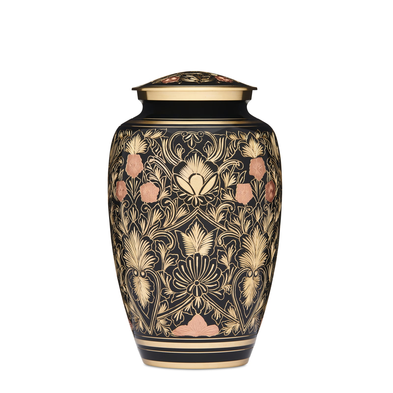 Copper Flowers - Copper Flower Decor | Elegant Home Accents featuring a black and gold urn with intricate copper floral patterns for stylish interiors.