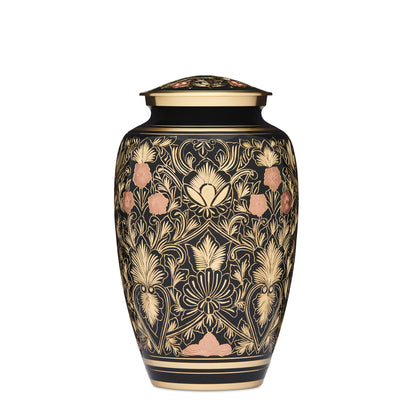 Copper Flowers - Copper Flower Decor | Elegant Home Accents featuring a black and gold urn with intricate copper floral patterns for stylish interiors.