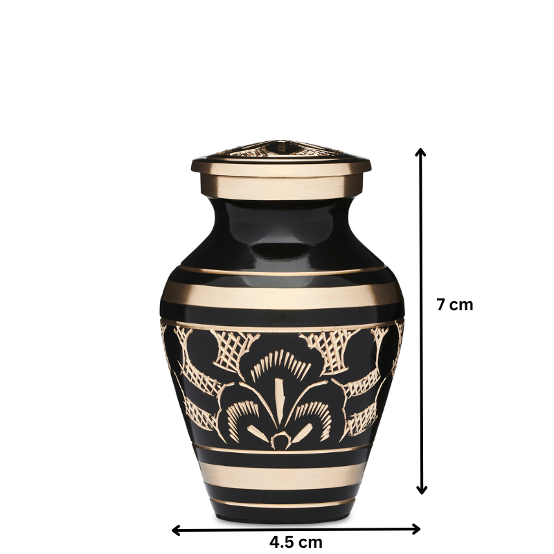 Black and Gold Roman Keepsake Urn measuring 7 cm tall and 4.5 cm wide, perfect for storing small memorial ashes with classic design.