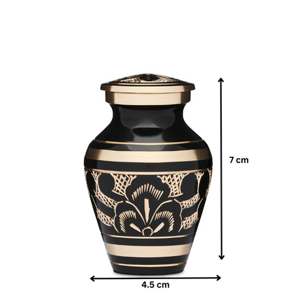 Black and Gold Roman Keepsake Urn measuring 7 cm tall and 4.5 cm wide, perfect for storing small memorial ashes with classic design.