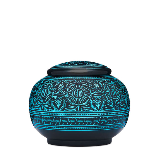 Black with Blue Floral Dress - Elegant Style | Floral Fusion design featuring intricate blue floral patterns on a round black ceramic container with lid.