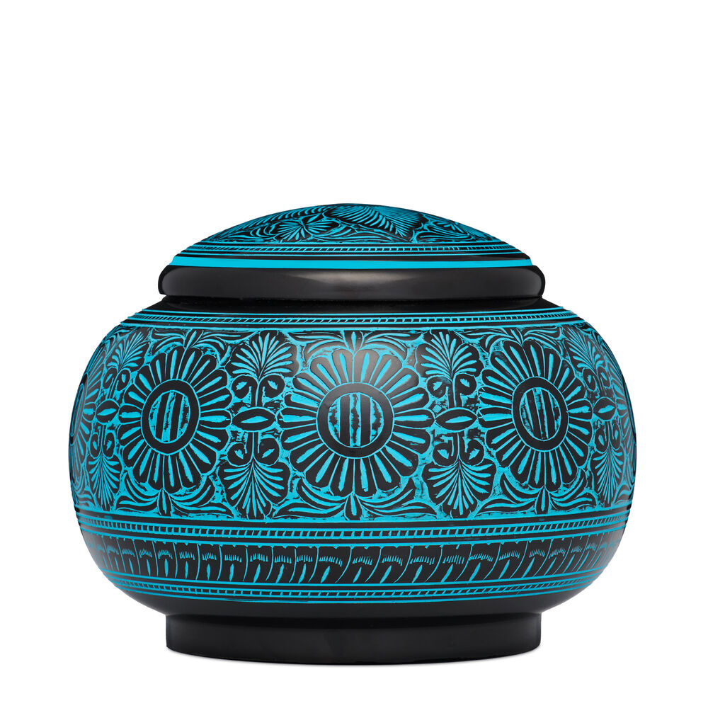Blue Floral Companion Urn with intricate black detailing and a rounded shape. Elegant memorial urn with unique floral design for honoring loved ones.