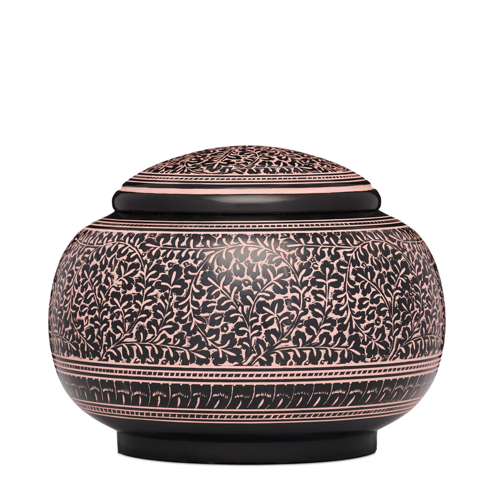 Ivy Companion Urn in black with pink accents featuring intricate vine patterns and a secure lid, ideal for memorial keepsake collections.