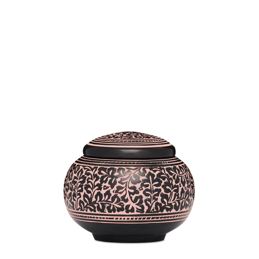 Black Pink Ivy Medium Urn - Elegant Cremation Vessel with intricate ivy pattern in pink over a black aluminum base, ideal for ashes or infant cremains.