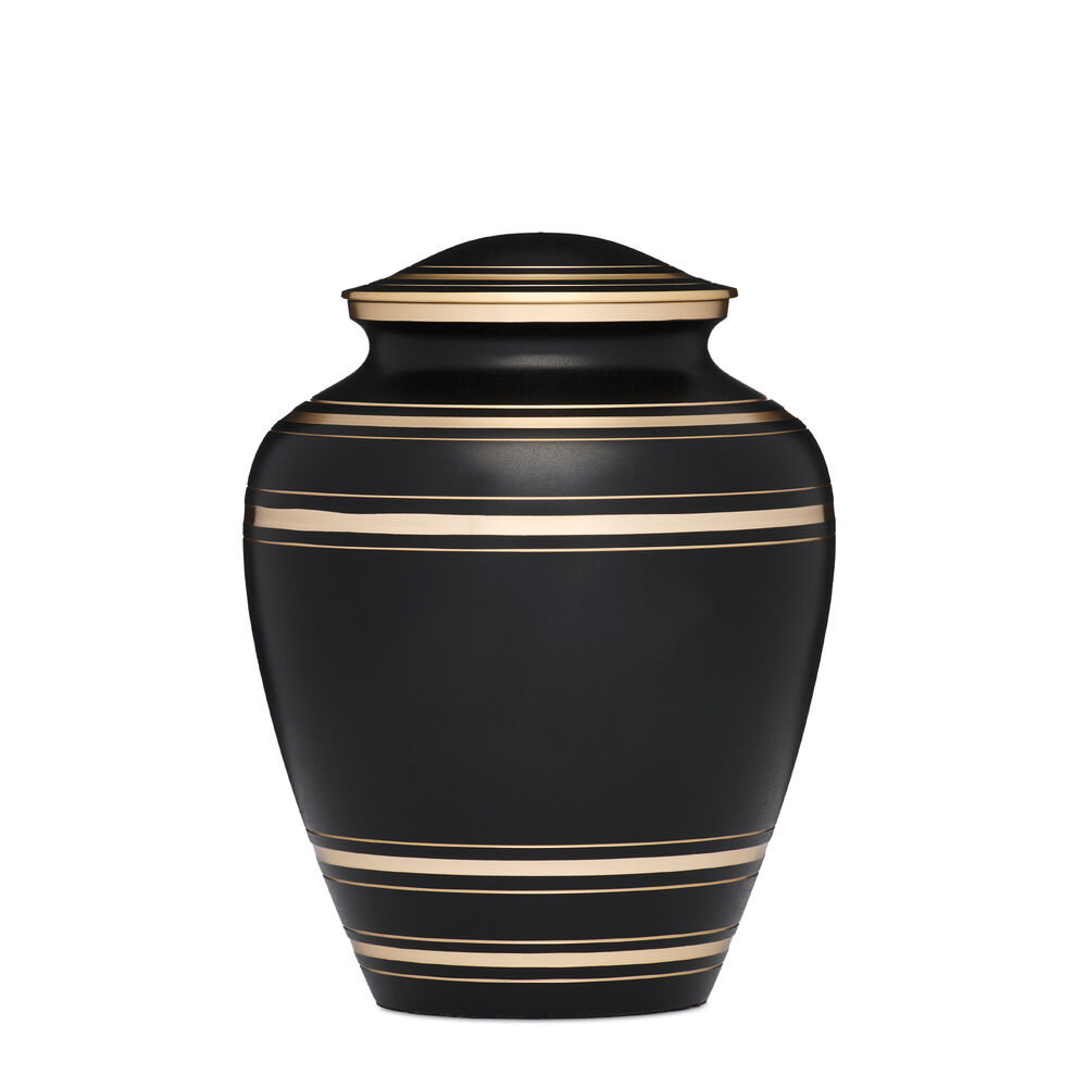 Black & Gold Rings Urn - Elegant Memorial Piece featuring a matte black finish with symmetrical gold bands, ideal for dignified remembrance.