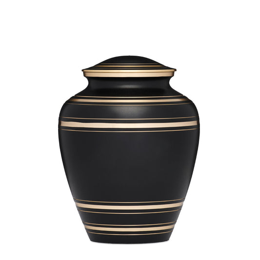 Black & Gold Rings Urn - Elegant Memorial Piece featuring a matte black finish with symmetrical gold bands, ideal for dignified remembrance.